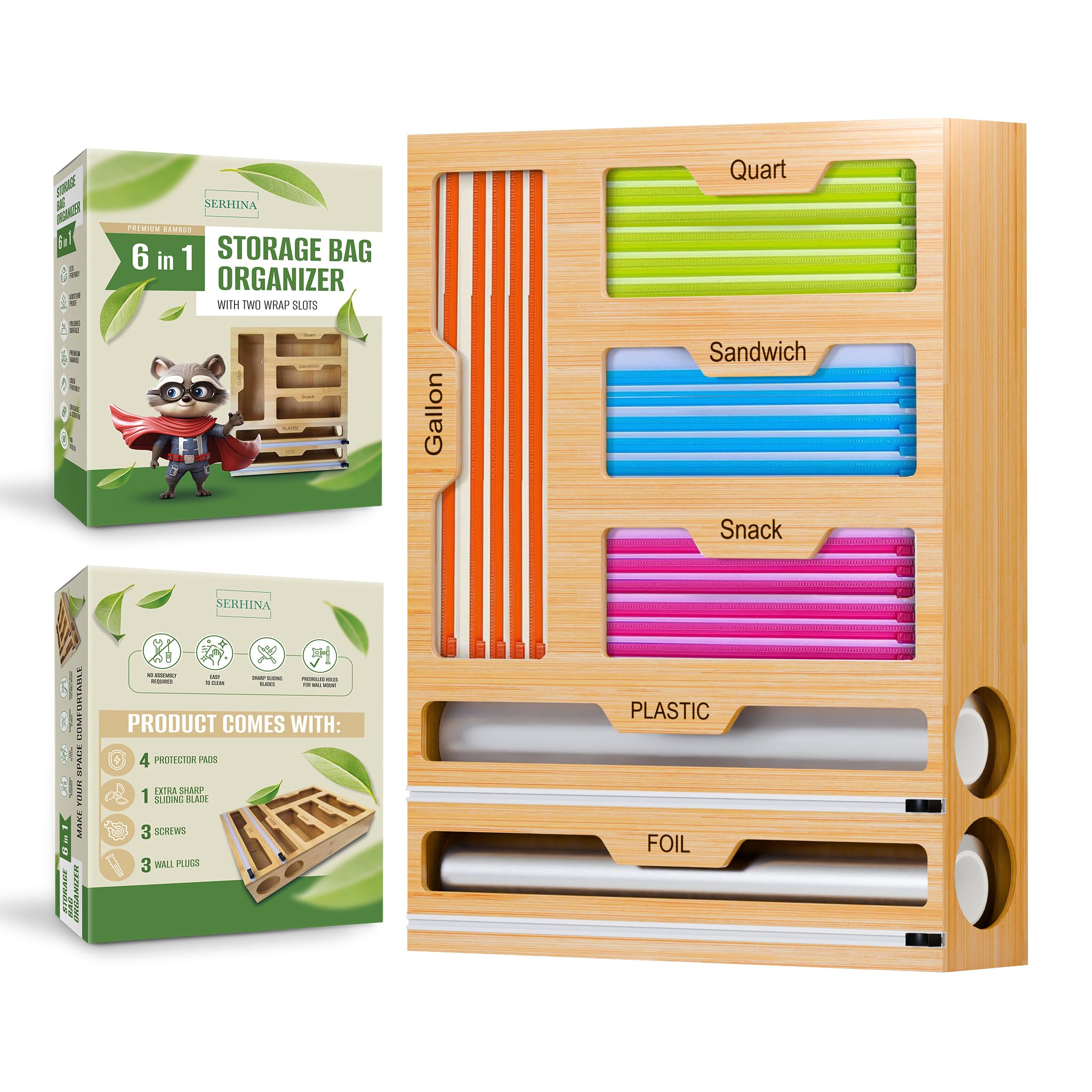 Bamboo Kitchen Storage Bag & Wrap Organizer
